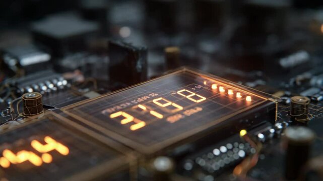 Digital displays on a futuristic circuit board show changing numerical values, suggesting complex calculations or data processing in a technological environment