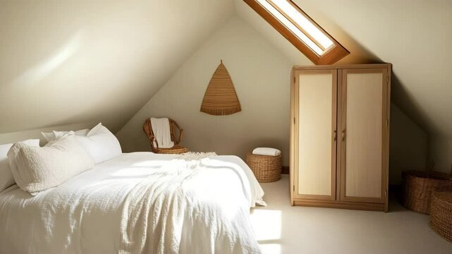 Cozy guest bedroom with slanted ceiling, white bedding, compact wardrobe and warm sunlight from gable windows