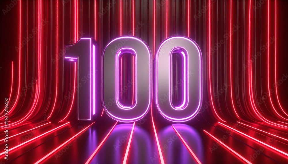 Poster 3d rendering of a metallic number 100 with curved red neon lines on a background.