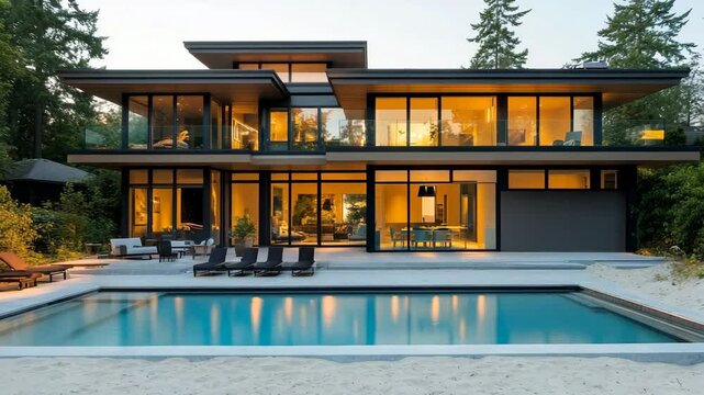 Beachfront modern house with infinity pool, full glass walls, sandy garden, clean roof lines and golden sunlight on facade