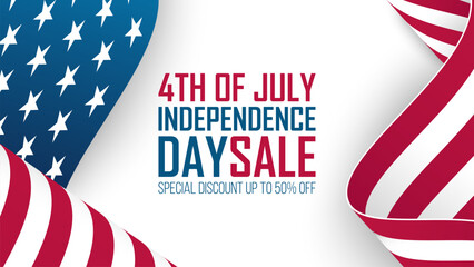 4th of July Independence Day Sale commercial banner with waving american flag for shopping activities and holiday sales promotion. Vector illustration.
