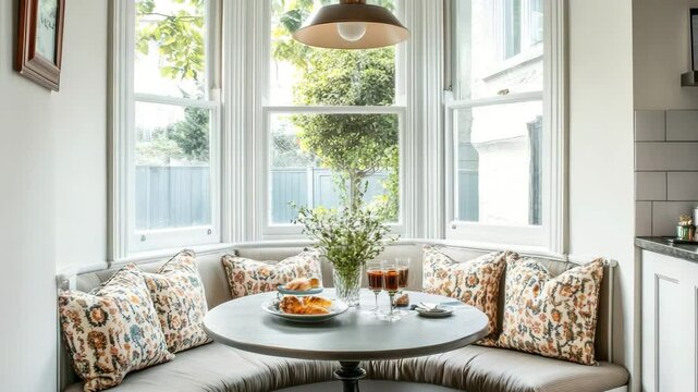 Breakfast corner with upholstered bench, round table, patterned cushions, and abundant natural light from bay windows