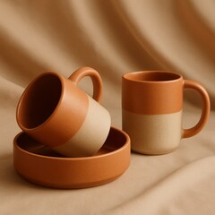 Two terracotta mugs with beige band and a matching saucer on a beige fabric background.&nbsp;