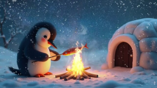 Penguin roasting fish by campfire near igloo in snowy winter scene