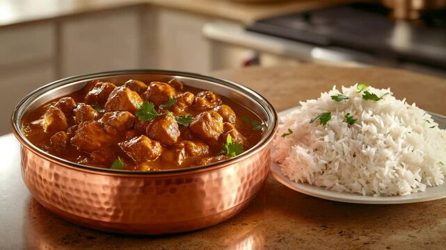 Chicken tikka masala in copper handi pot with basmati rice on the side, both served on kitchen counter, ambient warm light