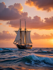 Fototapeta premium Sailing ship gliding through the ocean waves at sunset, a vintage vessel under full sail against a backdrop of colorful clouds and a tranquil horizon