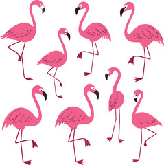 Nine Cute Flamingos in Fun Poses Symmetrical Flat Design Illustration