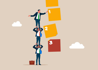 Worker manage to prioritize sticky note with number. Businessmen holding each other on their shoulders. Arrange to do list which job to do before and after, set work priority, task management concept.
