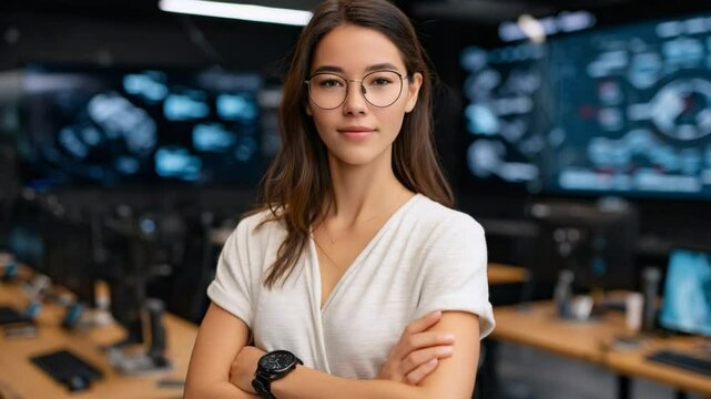 Confident Professional: A composed young woman, adorned with glasses, projects assurance and intellect. Her arms are crossed, conveying a poised and capable demeanor.