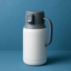 A modern thermos with a handle isolated on blue background. The thermos is designed to keep beverages hot or cold