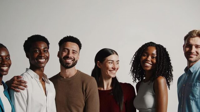 Multicultural group of young men and women standing close together, radiating joy and unity against minimalist white studio background, representing generational diversity and social harmony