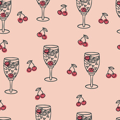 Seamless pattern with hand drawn doodle summer cocktail with cherry, citrus, mint leaf, ice cubes in glass on stem on light pink background