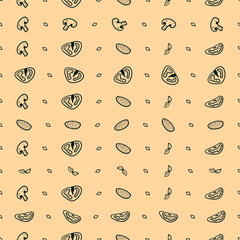 Seamless pattern with hand drawn doodle tomatoes, sliced mushrooms, champignons, sausage