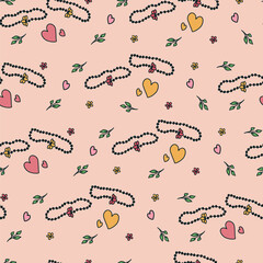 Seamless pattern with hand drawn doodle two matching bracelets with beads and halves of one flower, heart shapes and leaves on light pink background