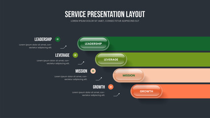 Company Growth Slide Layout Vector Illustration. Modern Campaign Four Option Infographic Presentation Design. Business Profile 4 Element Diagram Frame Template.