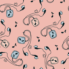 Seamless pattern with hand drawn doodle simple wired headphones with music source with musical note, heart shape