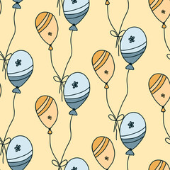 Seamless pattern with hand drawn doodle simple balloons on string with cute flowers