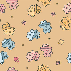 Seamless pattern hand drawn doodle simple two jigsaw puzzle pieces decorated with heart shape, flower, balloon