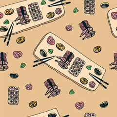 Seamless pattern with hand drawn doodle set of sushi, rolls on plate, served for two, salmon, shrimp, rice, wasabi, chopsticks, soy sauce, ginger. Asian food.