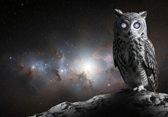Cosmic Owl on Asteroid Under Moonlight