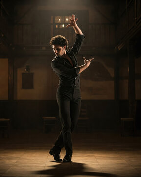 Spanish male flamenco dancer performs a graceful and intense pose on a dimly lit wooden stage with traditional decor in the background.