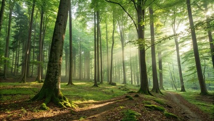 Sunbeams streaming through misty green forest creating magical atmosphere with tall trees, moss-covered ground and ethereal morning light