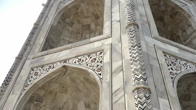 Intricate Carvings At The Marble Mausoleum Of The Taj Mahal In Agra, Uttar Pradesh, India. Low Angle Shot