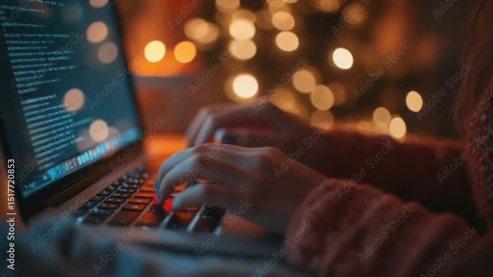 Poster coding at night: a close-up shot of hands diligently typing code on a laptop keyboard, illuminated b