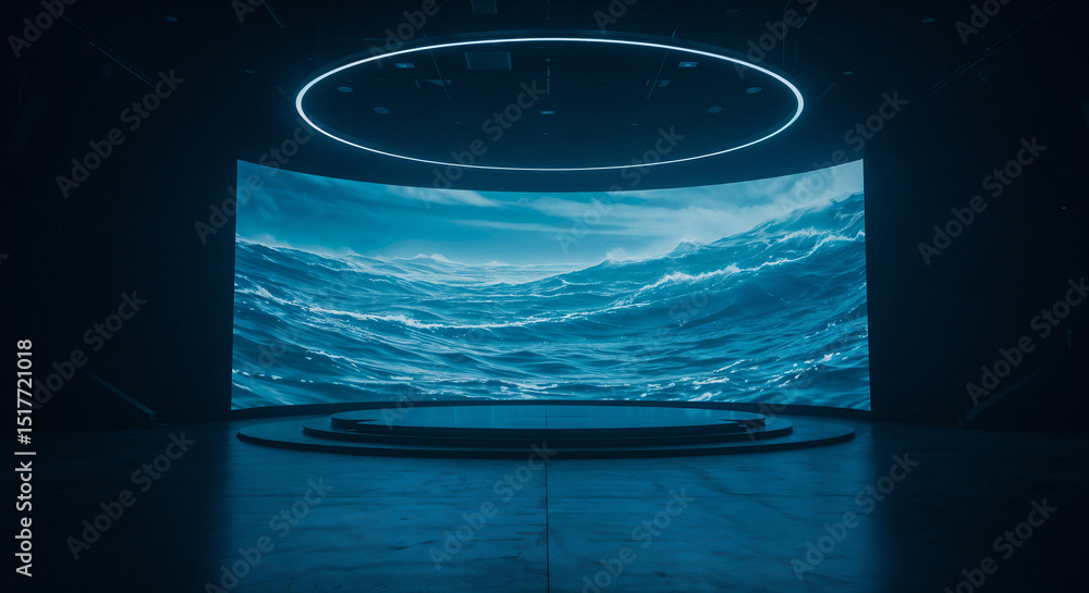 Poster empty podium against ocean waves, digital abstraction. generative ai