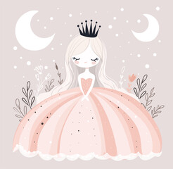 Cute card of little princess in ball gown. Girl with crown on flowers background, greeting card, flat vector poster, printable.