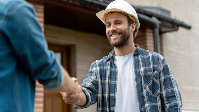 Smiling construction worker white safety helmet and plaid shirt shakes hands with another person outdoors, showing agreement, trust, and teamwork building site, highlighting safety, partnership