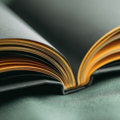 Close-up of open black book with gold-toned page edges