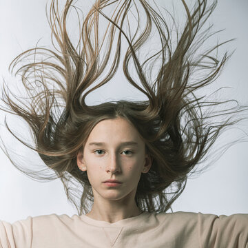Portrait of girl with tousled hair against white background