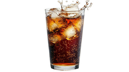Iced cola in a glass with bubbles and a splash of cool, brown liquid, isolated on transparent. PNG