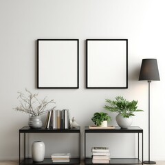 Obraz premium Two blank frames on a white wall, simple side tables, plants, and books