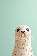 Arctic seal looks forward. Close up animal portrait. White fur with spots against pale background. Wild fauna of northern landscapes.