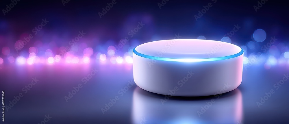 Aufkleber calm technology smart device on a reflective surface with colorful light bokeh in the background.