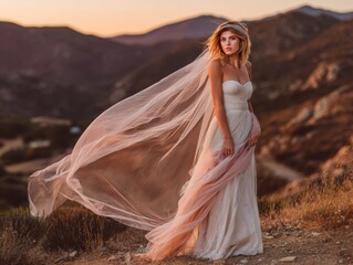 Elegant Bride in Flowing Veil Against Scenic Mountain Background