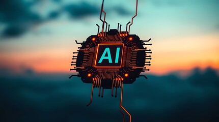 Technology and Nature Concept - CPU Processor Integrated with Sunset Landscape