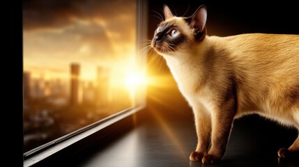 Cat Watching Sunset Through Window in Urban Apartment Setting