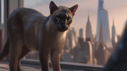 Majestic Siamese Cat in Urban Cityscape at Sunset Light