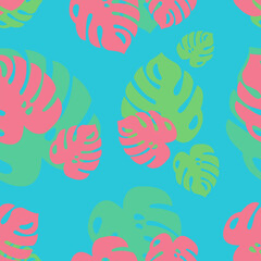 Seamless pattern with vibrant pink and green monstera leaves on bright turquoise background. Tropical and modern botanical design for textiles and fabric. Summer tropical vector wallpaper.