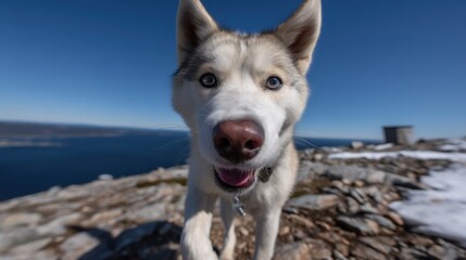 Joyful Husky Dog Explores Scenic Rocky Landscape Under Blue Sky