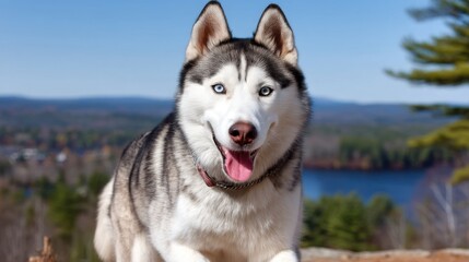 Happy Siberian Husky Dog Running in Nature with Blue Sky Background