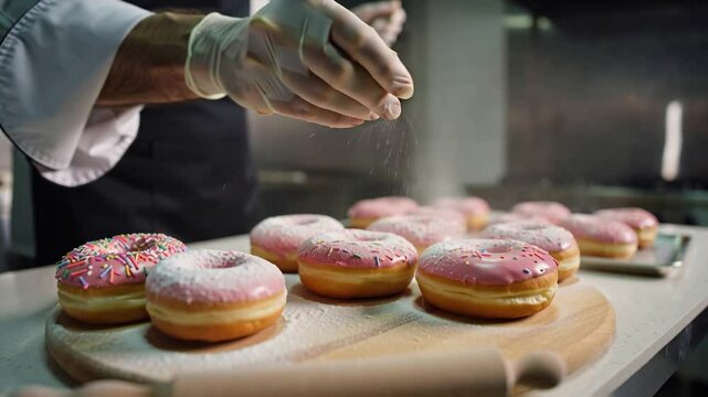 Chef's hands in gloves decorate donuts in the kitchen
