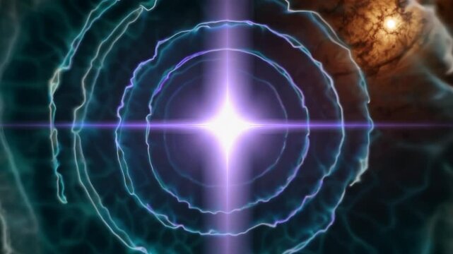 Gamma trail glow from star echo fading into rippled rings and cracked terrain inside cloudy cosmic band

