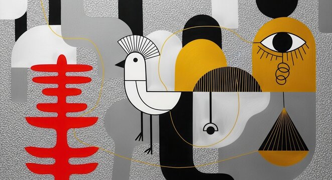 Abstract Geometric Composition with White Bird, Yellow Eye Motif, and Red Element on Textured Silver Background