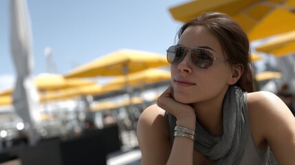 Thoughtful young woman relaxing under bright yellow umbrellas outdoors