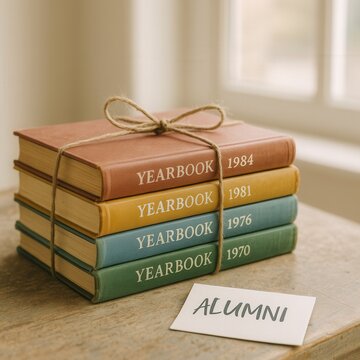 Stack of vintage yearbooks with alumni card on wooden table by sunny window