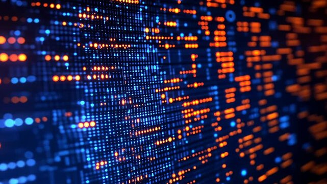 Abstract digital data stream, glowing blue and orange nodes forming complex patterns on dark background